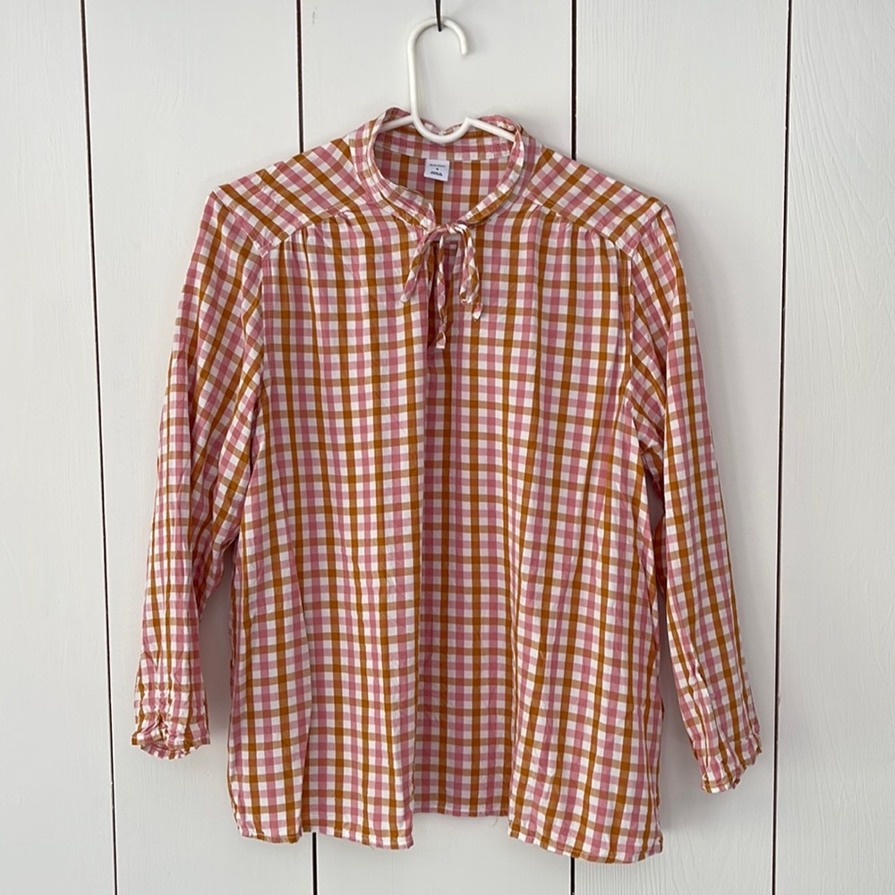 Old Navy Gingham Top Sz S Pink Tan Plaid Tie Front Preppy